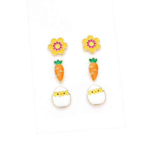 3Pairs Enamel Flower Carrot Easter Egg Stud Earrings