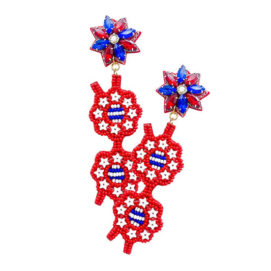 Felt Back Seed Beaded American USA Flag Dangle Earrings