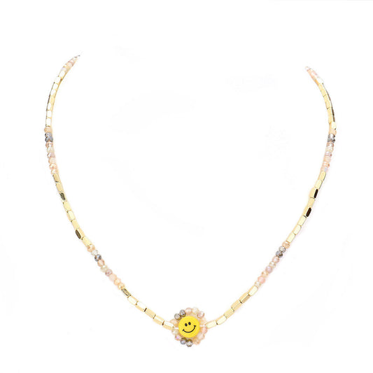 Faceted Bead Trimmed Smile Accented Necklace
