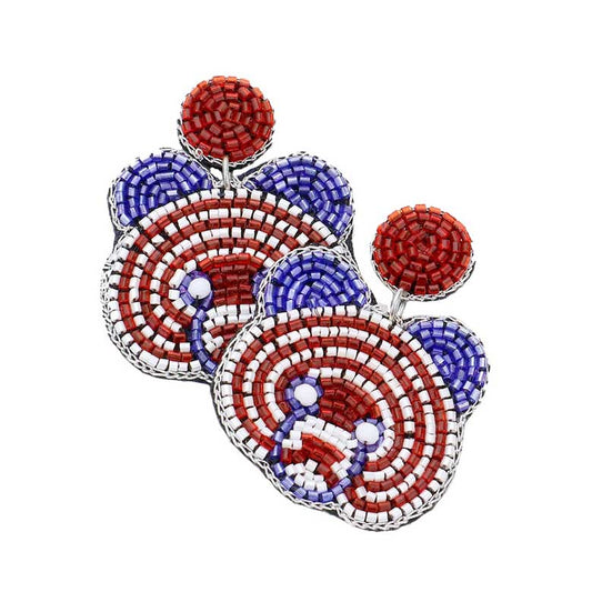 Felt Back American USA Flag Bear Beaded Dangle Earrings