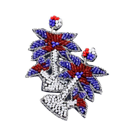 Felt Back American USA Flag Palm Tree Beaded Dangle Earrings