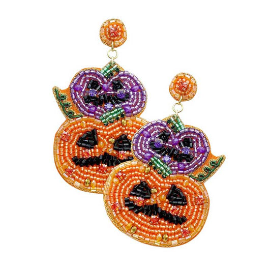 Felt Back Halloween Pumpkin Beaded Dangle Earrings