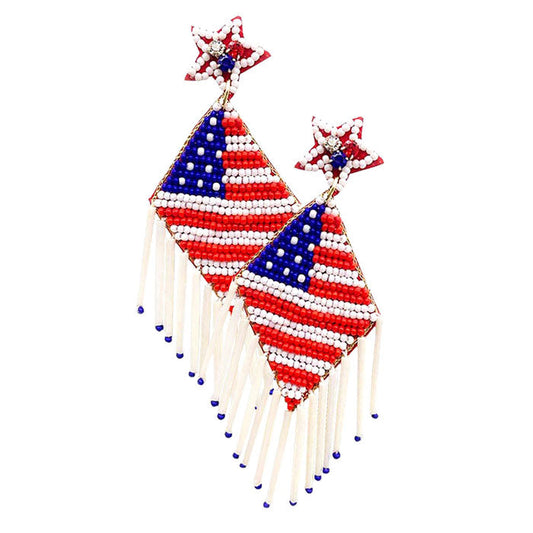 Felt Back Beaded American USA Flag Fringe Dangle Earrings