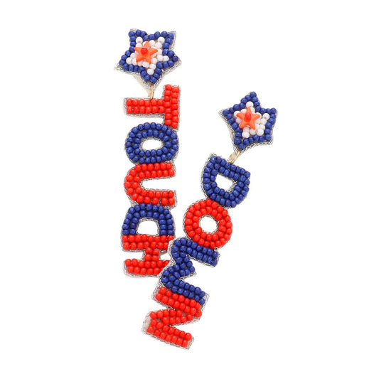 Felt Back USA Flag Beaded Star Touch Down Message Earrings