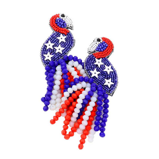 Felt Back USA Flag Flamingo Beaded Beads Tassel Earrings