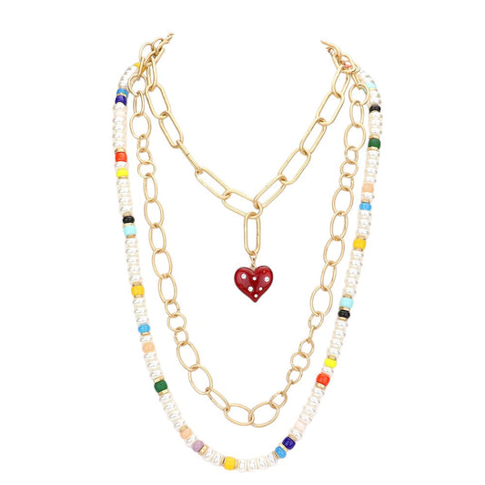Heart Pendant Accented  Pearl Resin Beaded Triple Layered Necklace