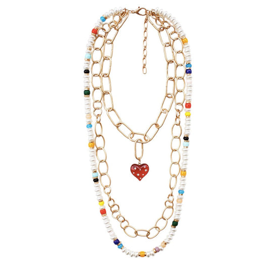 Heart Pendant Accented Pearl Resin Beaded Triple Layered Necklace
