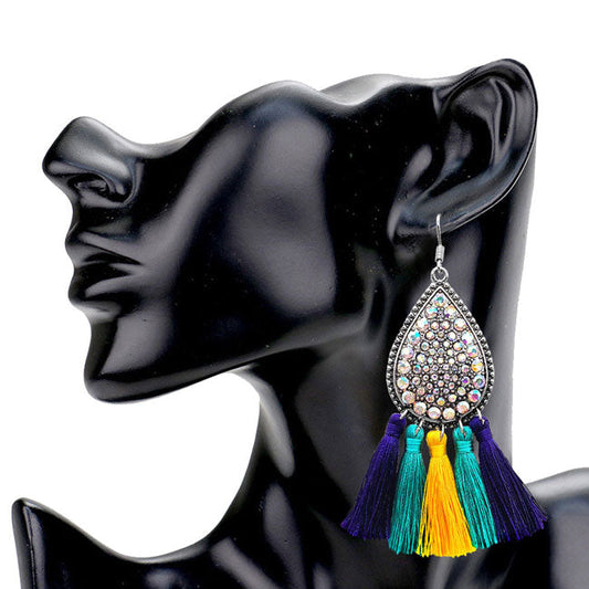 Mardi Gras Stone Embellished Metal Teardrop Tassel Dangle Earrings