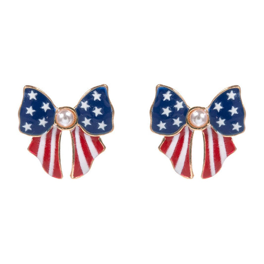 Women's Pearl Pointed Enamel American USA Flag Bow Stud Earrings 4th of July