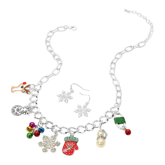 Christmas Mitten Reindeer Pearl Snowflake Charm Station Necklace