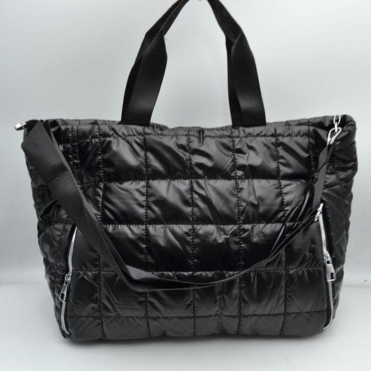 Grid Quilted Puffer Weekender Travel Duffel Bag with Exterior Zipper Pockets