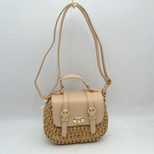 Woven Straw Satchel Bag with Faux Leather Flap and Double Buckle Accent