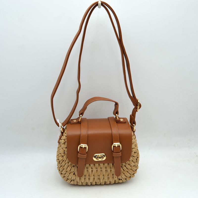 Woven Straw Satchel Bag with Faux Leather Flap and Double Buckle Accent