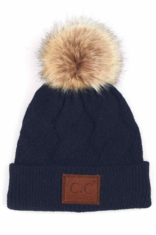 C.C Geometric Cable Knit Beanie With Pom