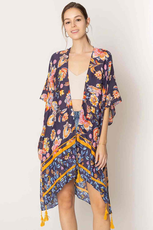 Floral Print Tassel Kimono