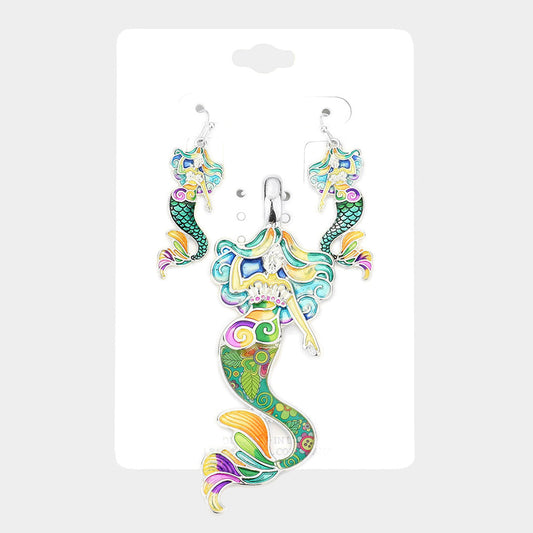 Enamel Floral Pattern Mermaid Pendant Set