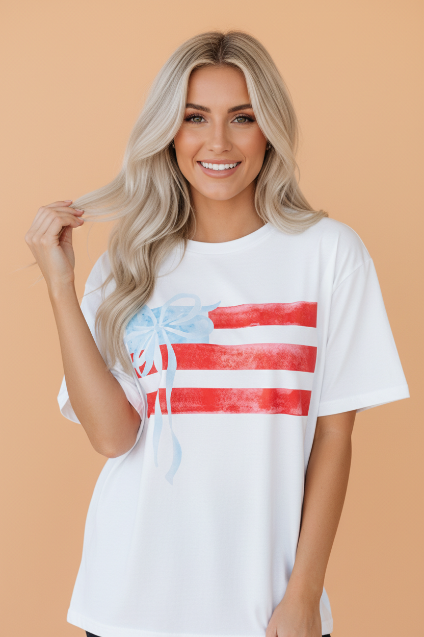 USA Flag Bow Crewneck Graphic Tee