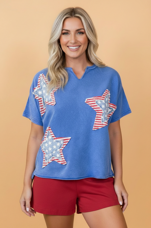 USA Star Patchwork Mineral Wash Notched Neck Tee