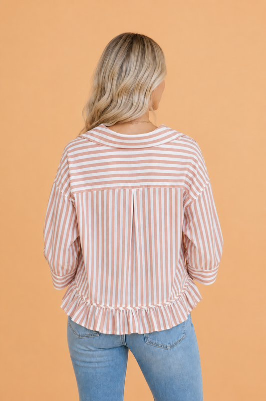 Stripe Ruffle Hem 3/4 Sleeve Buttoned Shirt