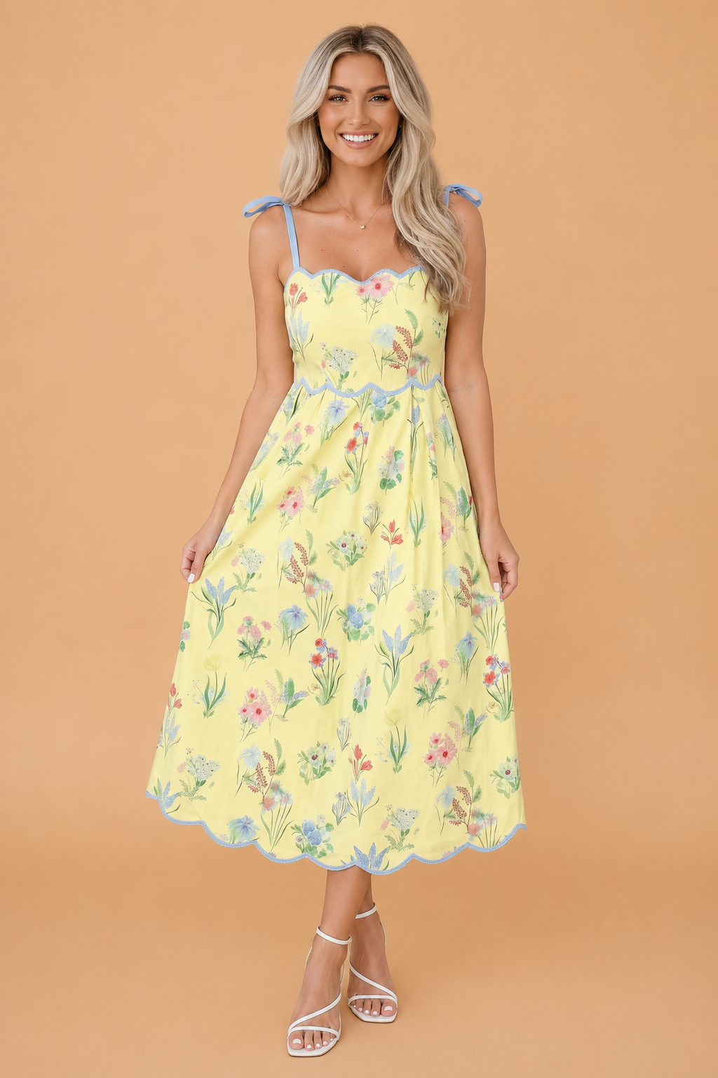 Floral Contrast Trim Tie Strap Midi Dress