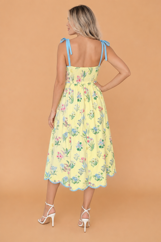 Floral Contrast Trim Tie Strap Midi Dress