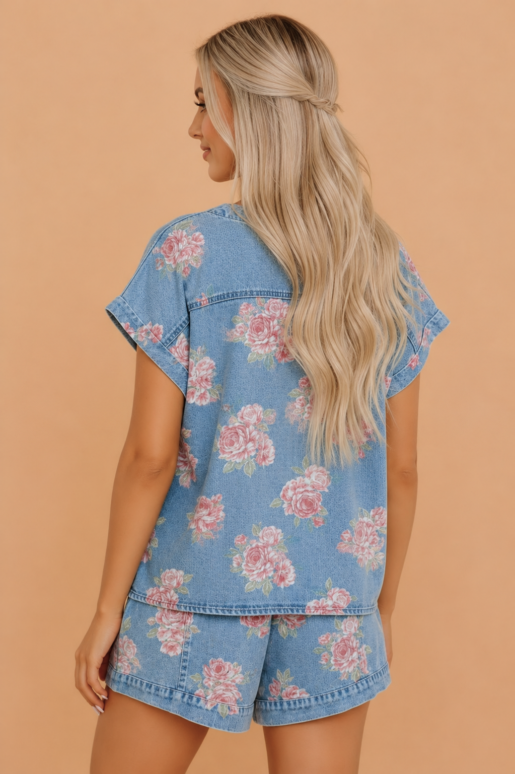 Floral Denim Short Sleeve Top & Loose Shorts Set