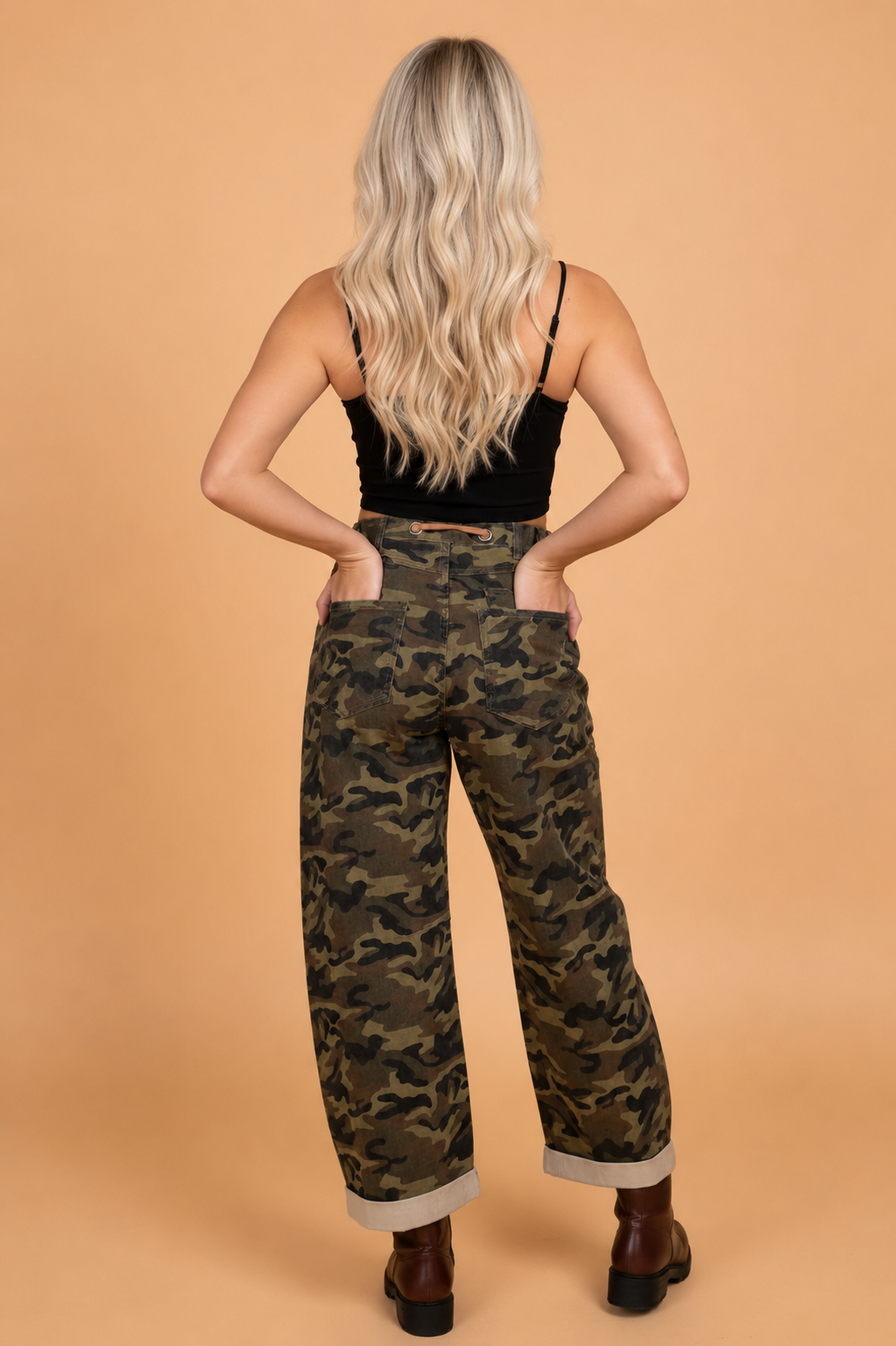 Camo Retro Grommet Tie Waist Loose Jeans