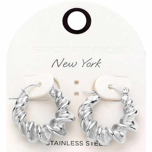 SECRET BOX_Spiral Stainless Steel Pin Catch Hoop Earrings