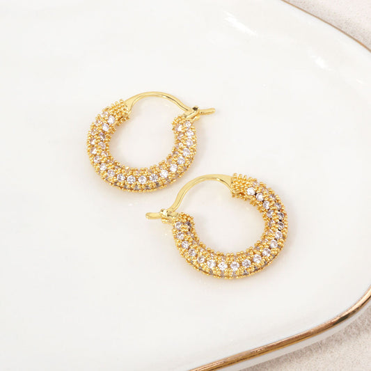 14K Gold Dipped Micro CZ Pave Pin Catch Hoop Earrings