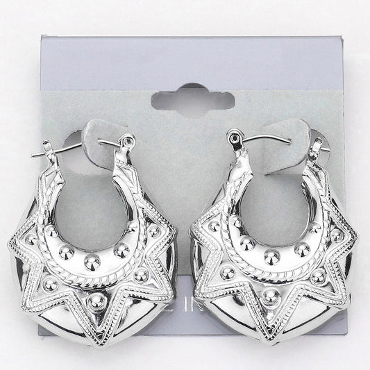 Abstract Textured Metal Door Knocker Pin Catch Hoop Earrings
