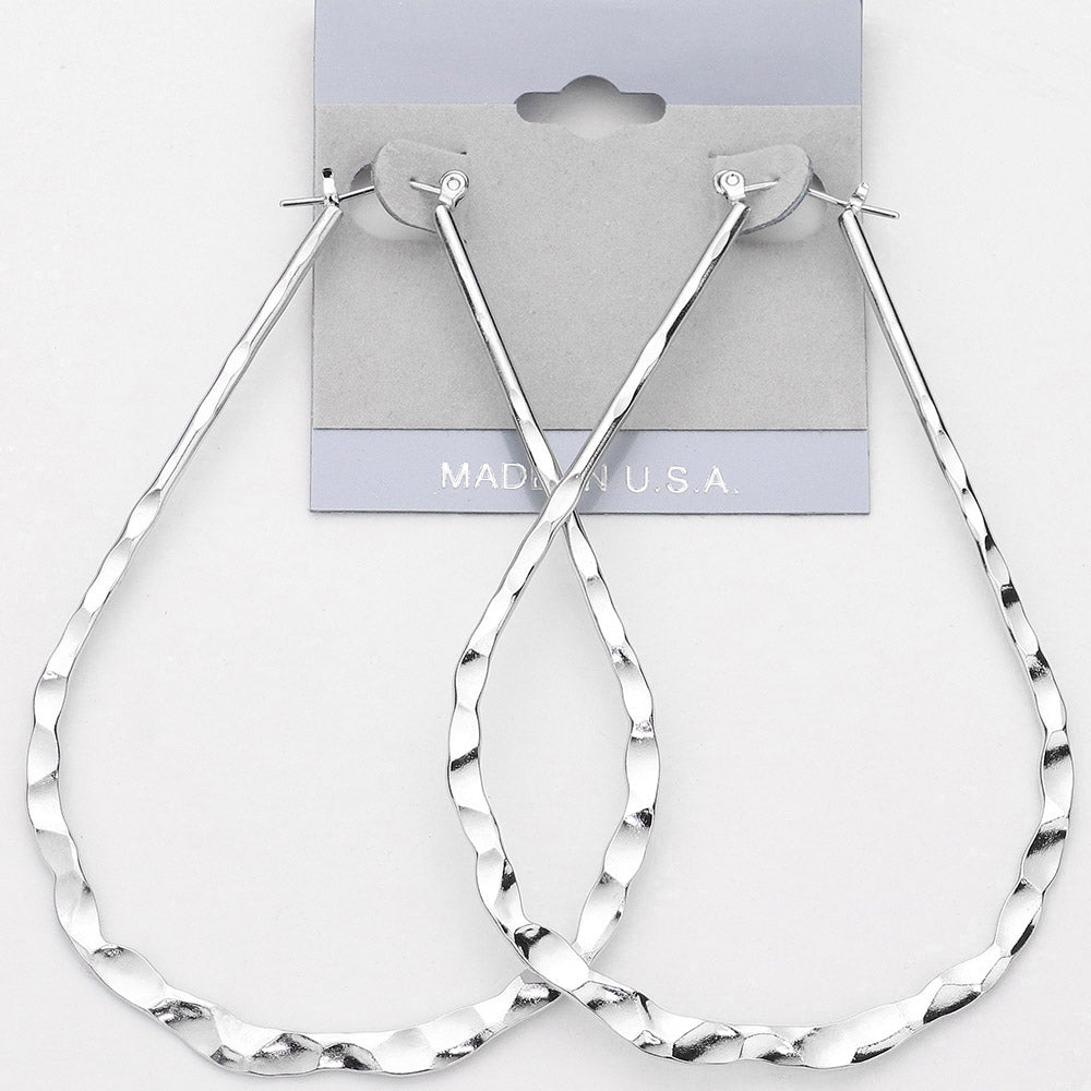 Hammered Metal Teardrop Pin Catch Hoop Earrings