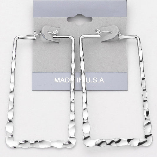 Textured Metal Rectangle Pin Catch Hoop Earrings