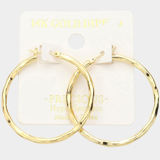 14K Gold Dipped 1.6 Inch Irregular Metal Hoop Pin Catch Earrings