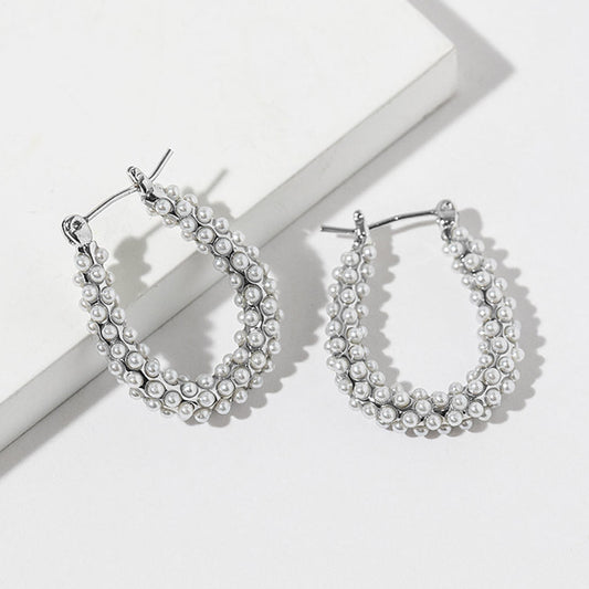 White Gold Dipped Pearl Teardrop Pin Catch Hoop Earrings