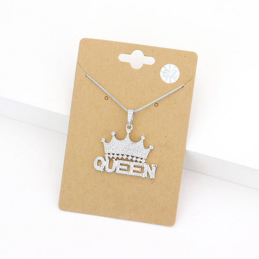 CZ Queen Message Crown Pendant Necklace