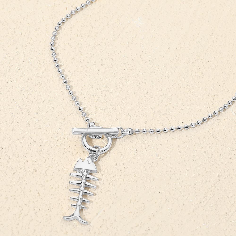 Metal Fishbone Toggle Pendant Beaded Chain Necklace