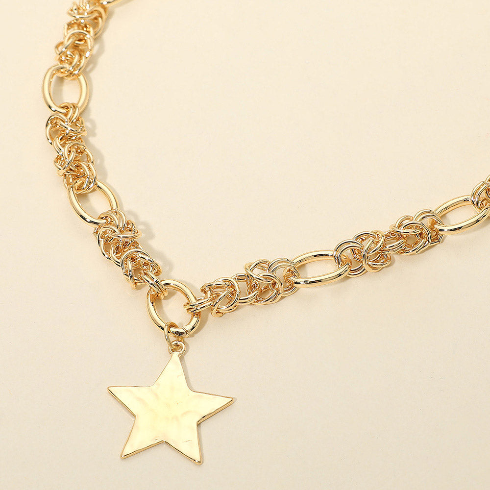 Hammered Metal Star Pendant Chunky Mixed Chain Necklace