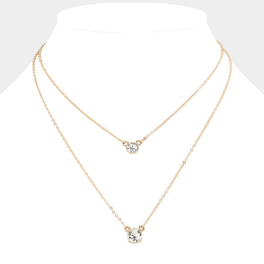 Double Round Stone Pendant Layered Necklace