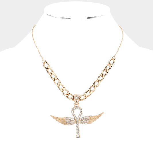 Rhinestone Embellished Metal Angel Wing Key Pendant Chain Necklace