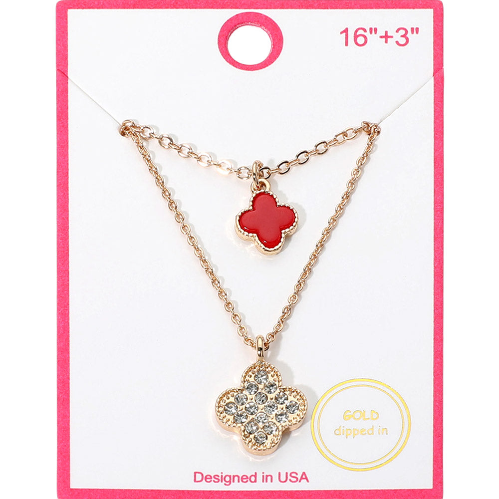 Gold Dipped Double Quatrefoil Pendant Layered Necklace