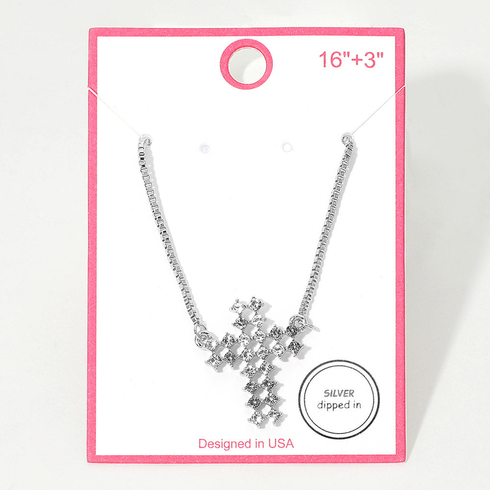 Silver Dipped Rhinestone Cross Pendant Necklace