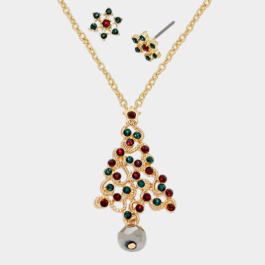 Crystal Christmas Tree Pendant Necklace with Snow Flake Earrings