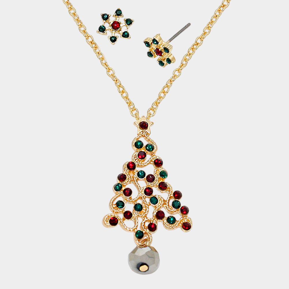 Crystal Christmas Tree Pendant Necklace with Snow Flake Earrings