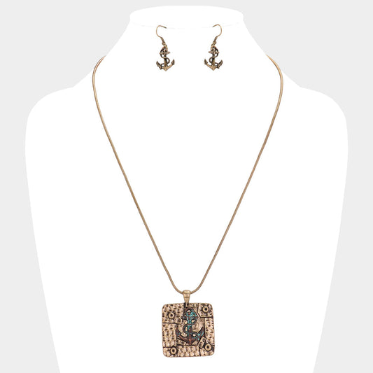 Antique Square Metal Anchor Pendant Necklace