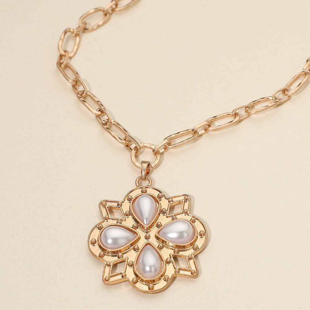 Boho Floral Pendant Chunky Textured Paperclip Chain Necklace