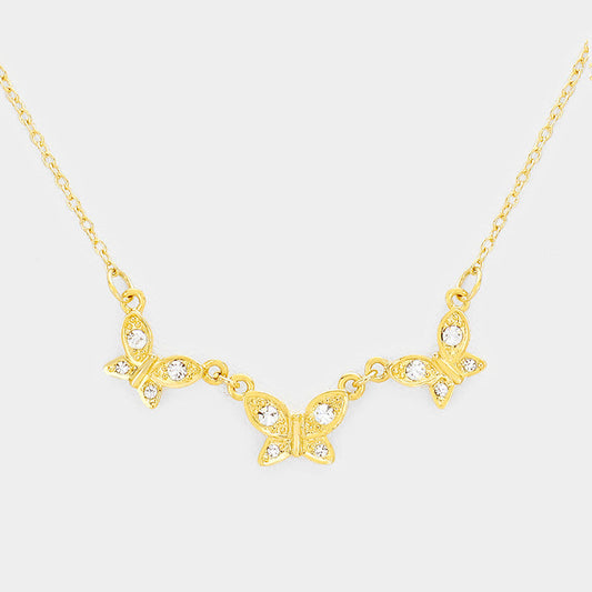 Rhinestone Triple Butterfly Pendant Necklace