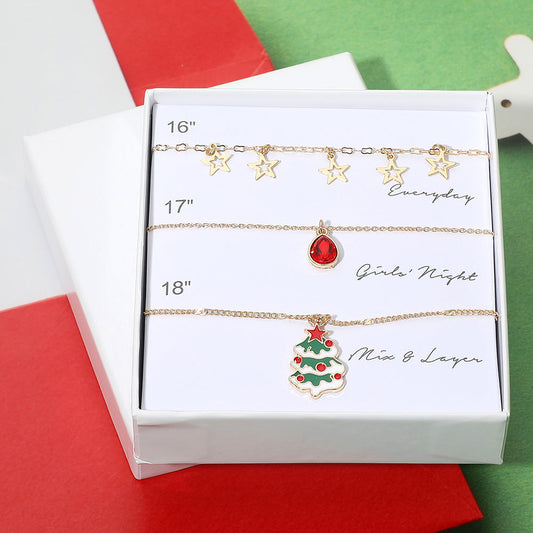 3PCS - Star Charm Teardrop Stone Christmas Tree Pendant Necklace Set