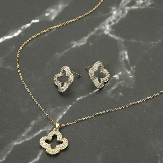 Stainless Steel Stone Pave Open Quatrefoil Pendant Necklace
