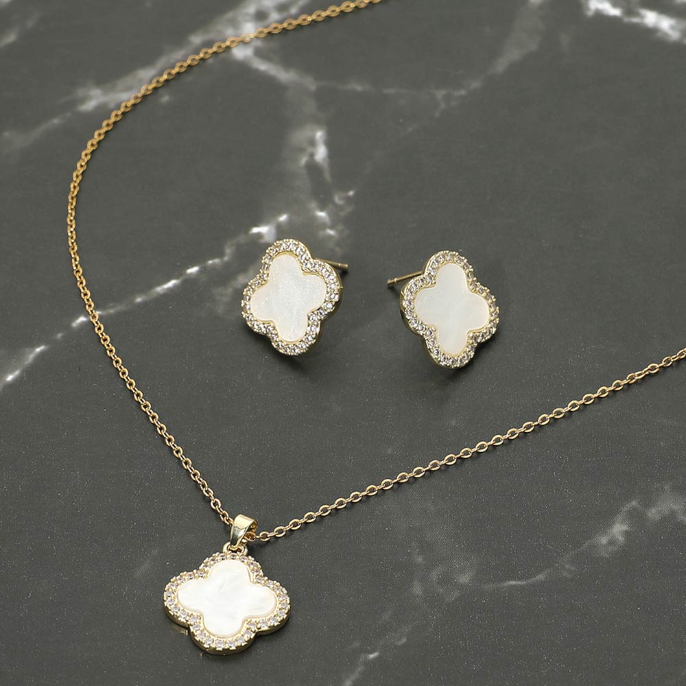Stainless Steel Stone Rim Quatrefoil Pendant Necklace