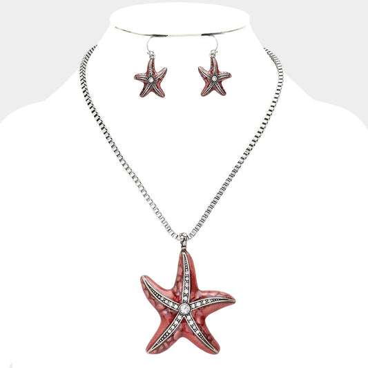 Crystal Enamel Starfish Pendant Necklace